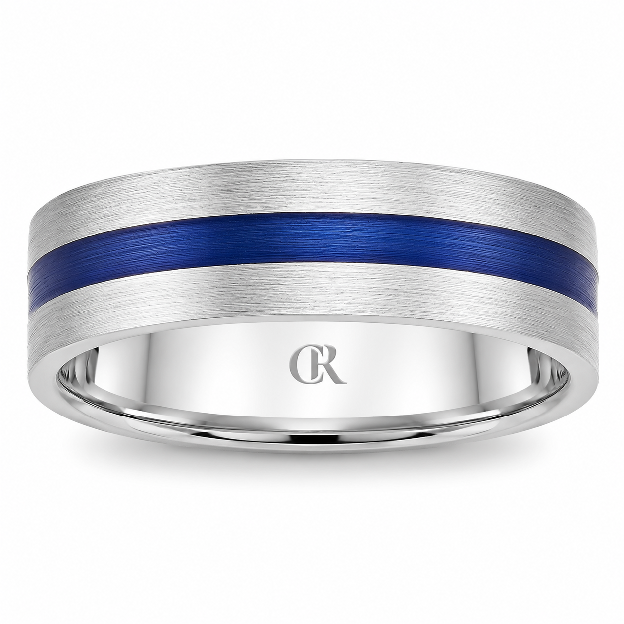 Mens 14kt White Gold 6mm Blue Enamel Sandpaper Wedding Band