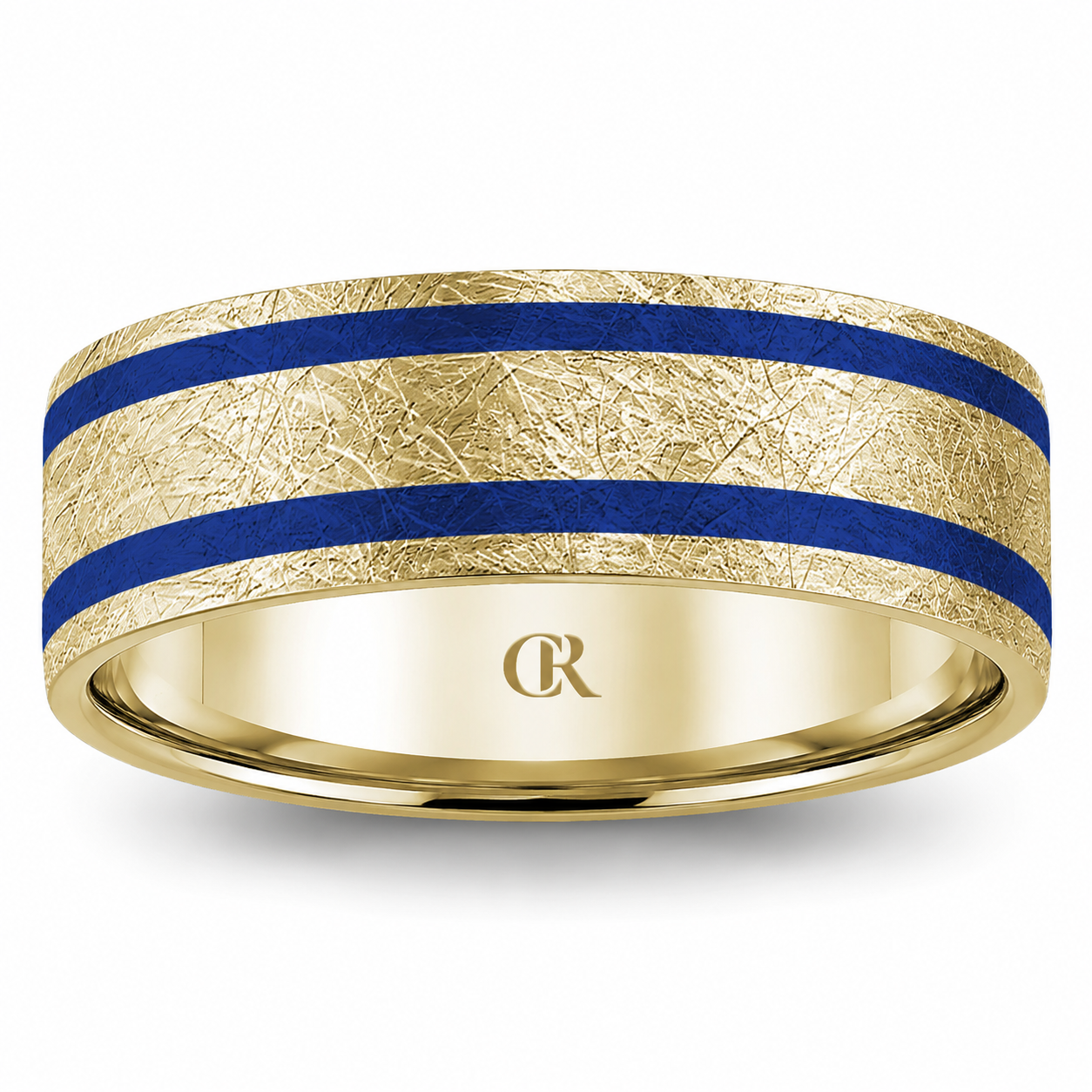 Mens 14kt Yellow Gold 7mm Blue Enamel Wedding Band