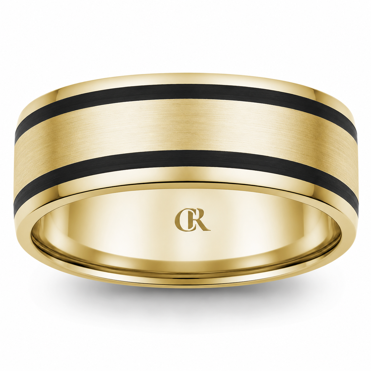 Mens 14kt Yellow Gold 8mm Black Enameled Wedding Band