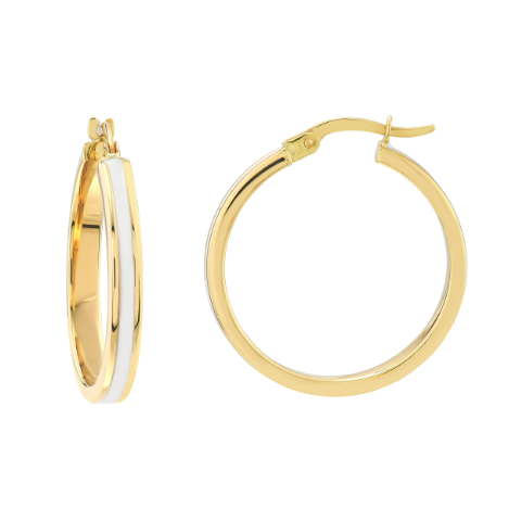 Ladies 14kt Yellow Gold White Enamel Hoop Earrings