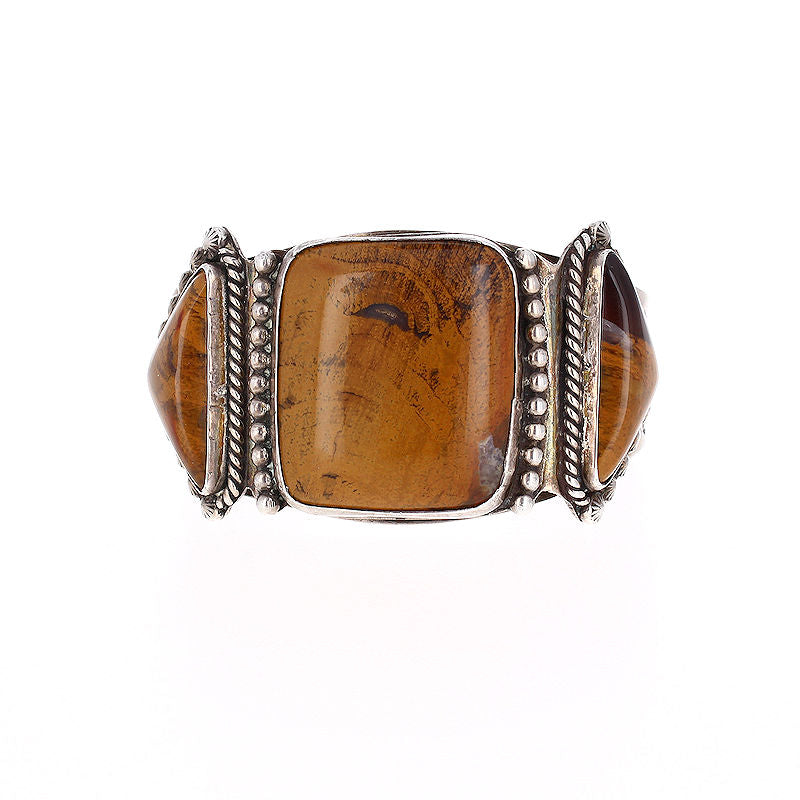 Sterling Silver Brown Jasper Three Stone Native American Cuff Bracelet