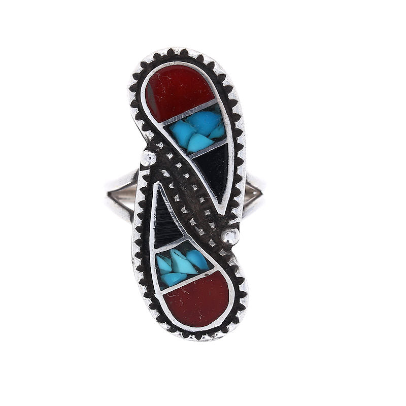 Ladies Sterling Silver Turquoise, Onyx, and Carnelian Ring