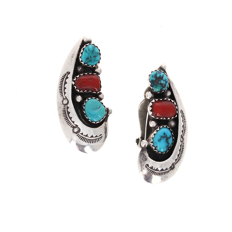 Ladies Sterling Silver Navajo Turquoise and Coral Earrings