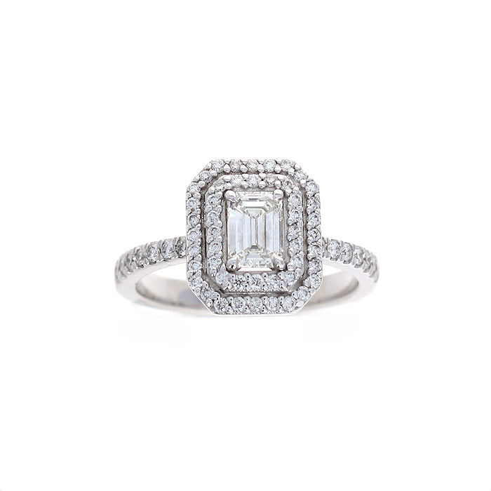 Ladies 14kt White Gold 0.79ct Emerald Cut and 0.35ct Round Diamond Engagement Ring