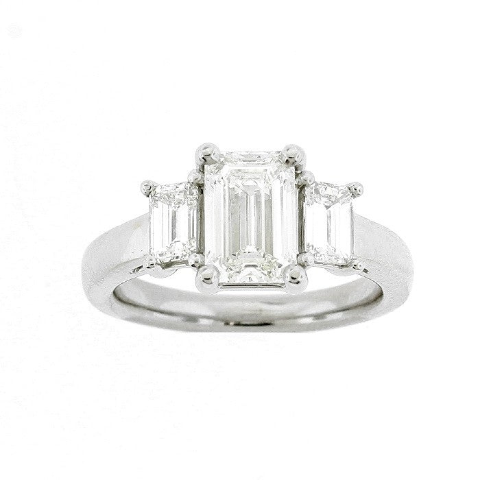 Ladies Platinum 1.51ct Emerald Cut and 0.70cts Emerald Three Stone Diamond Ring
