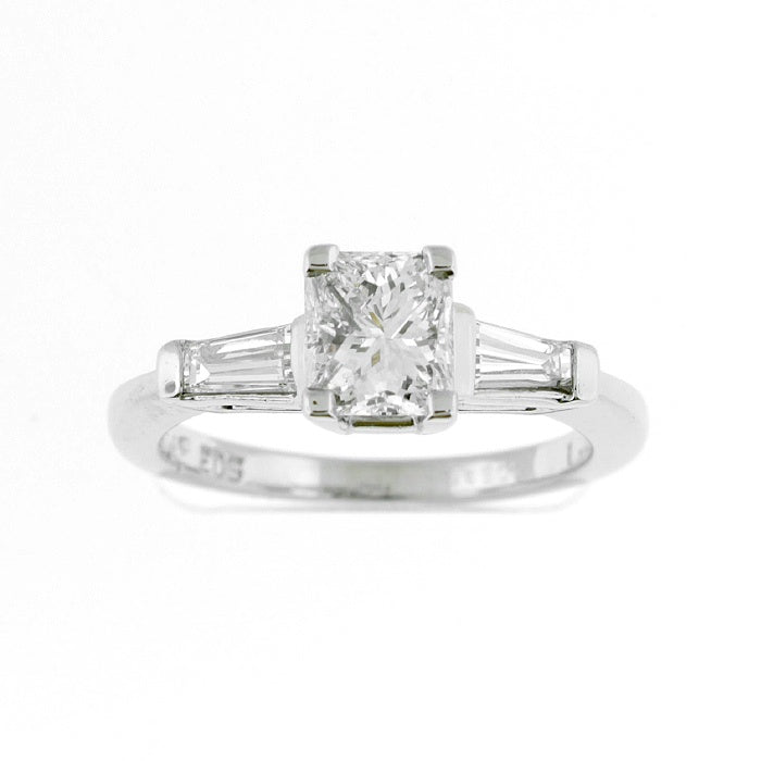 Ladies Platinum 1.00ct Radiant Cut and 0.34ct Tapered Baguette Diamond Engagement Ring
