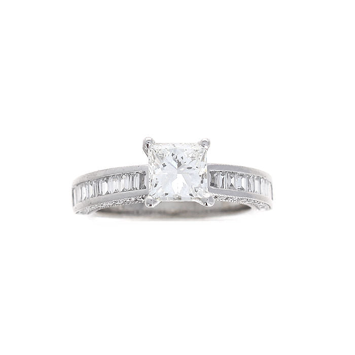 Ladies 14kt White Gold 0.93ct Princess Cut and 0.54cts Baguette and Round Diamond Engagement Ring