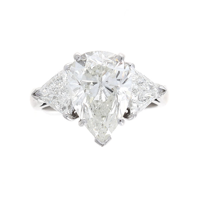 Ladies Platinum Three Stone 4.01ct Pear Cut Diamond and 1.14ct Trillion Engagement Ring