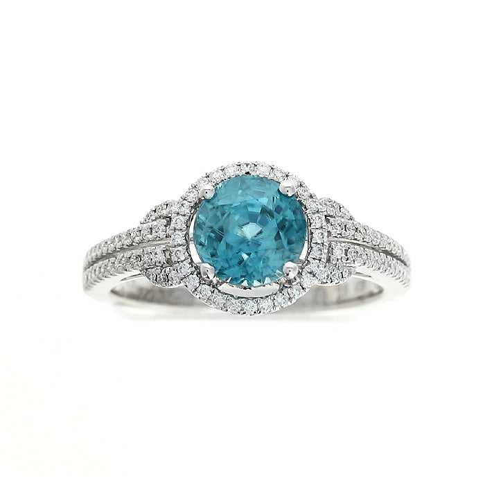 Ladies 18kt White Gold 2.13ct Blue Zircon and 0.28cts Diamond Ring