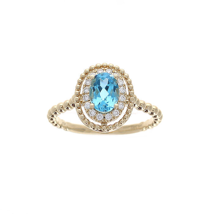 Ladies 14kt Yellow Gold 0.97ct Blue Topaz and 0.11cts Diamond Ring