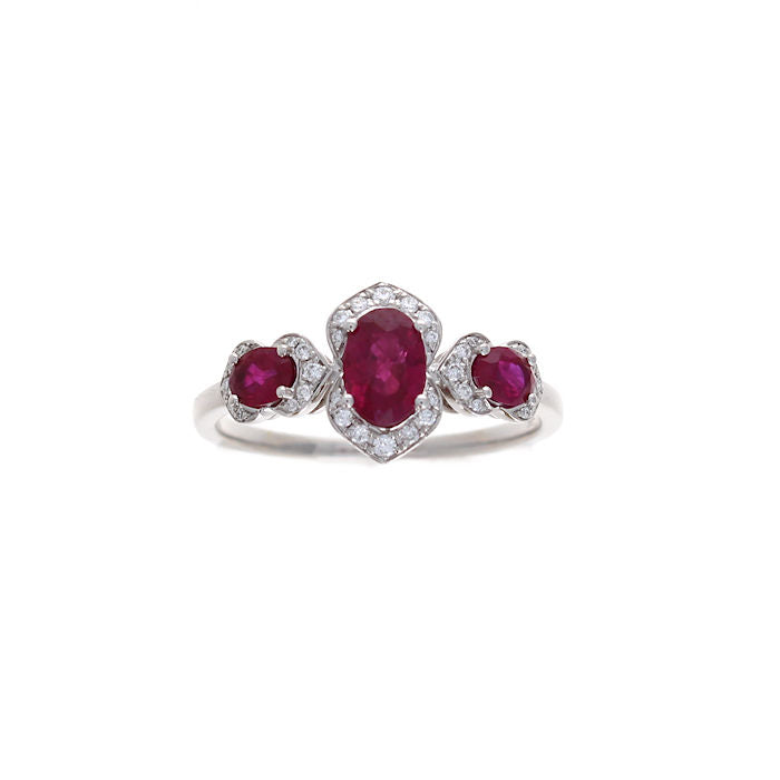 Ladies 14kt White Gold Three Stone Ruby and Diamond Ring
