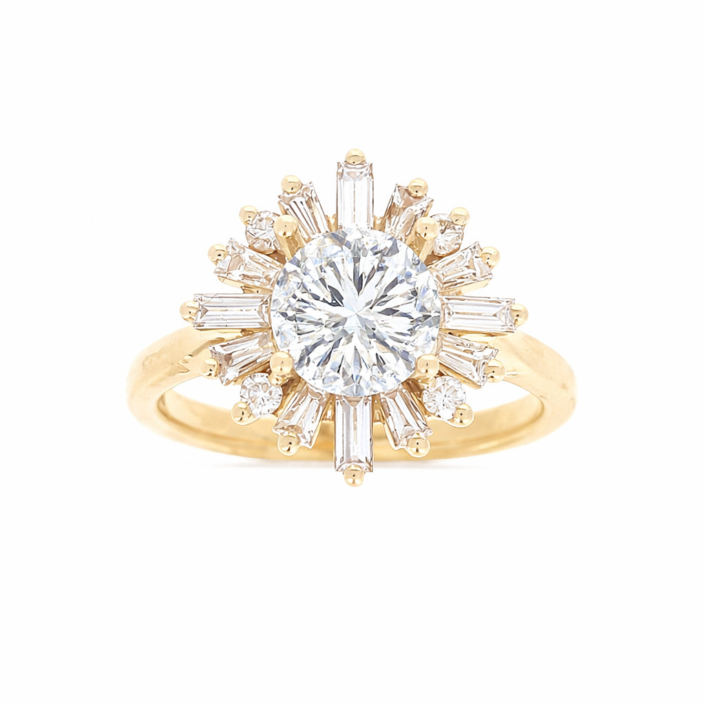 Ladies 14kt Yellow Gold 0.74cts Round and Baguette Diamond Engagement Ring Setting