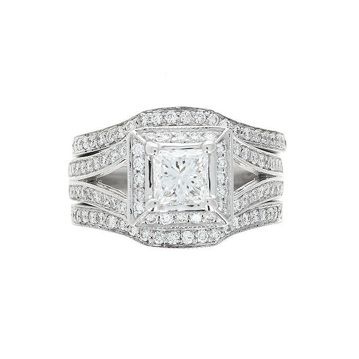 Ladies 18kt White Gold 0.85ct Princess and 0.45cts Diamond Engagement Ring with Two 18kt Bands