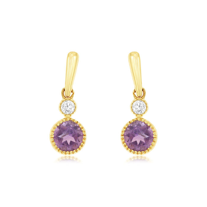 Ladies 14kt Yellow Gold 0.25ct Amethyst and Diamond Earrings