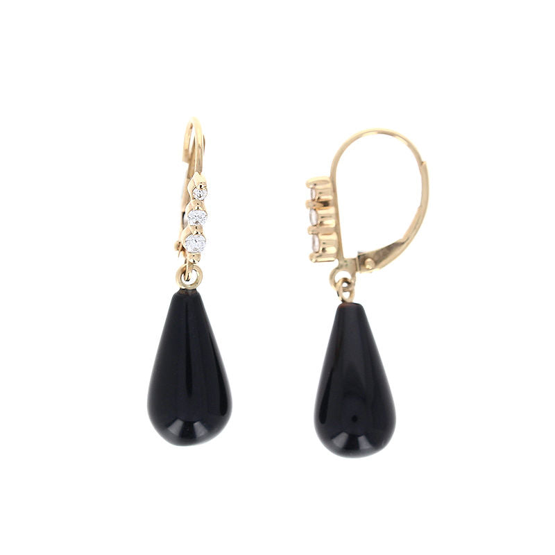 Ladies 14kt Yellow Gold Black Onyx and 0.13cts Diamond Earrings