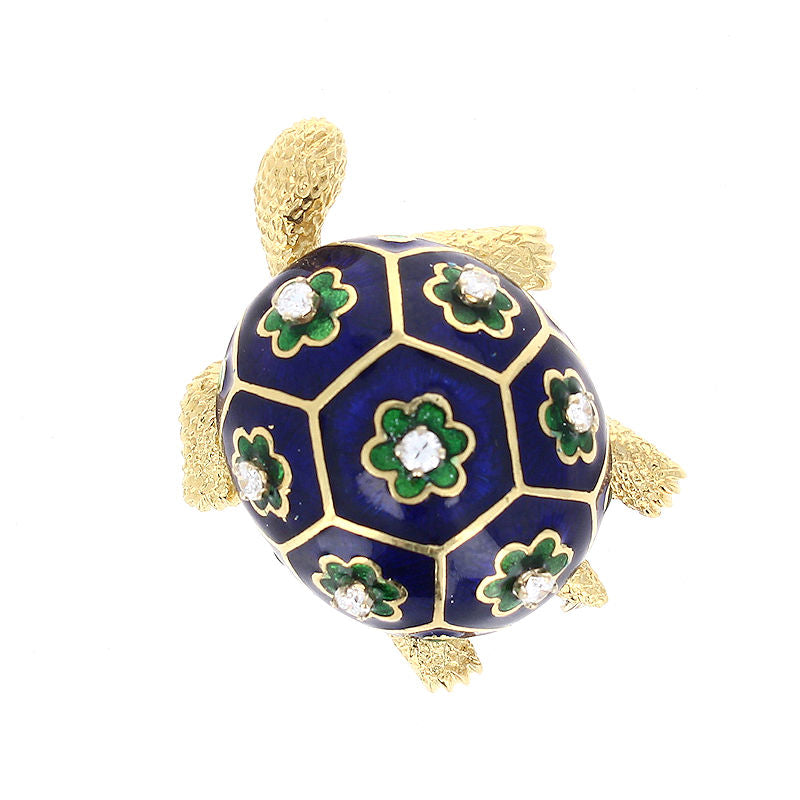 Ladies 18kt Yellow Gold 0.35cts Diamond and Enameled Turtle Brooch by Corletto