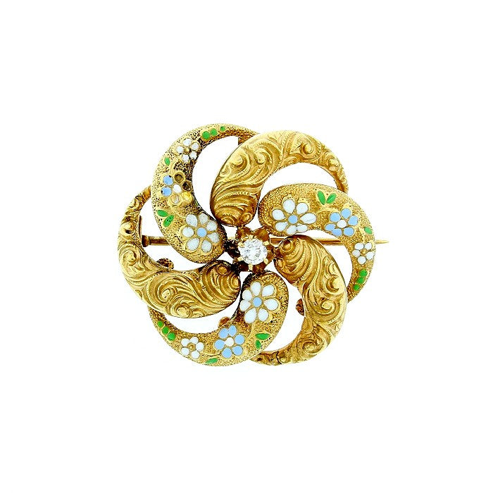 Ladies 14kt Yellow Bloomed Gold Victorian Diamond and Enameled Brooch/ Pendant