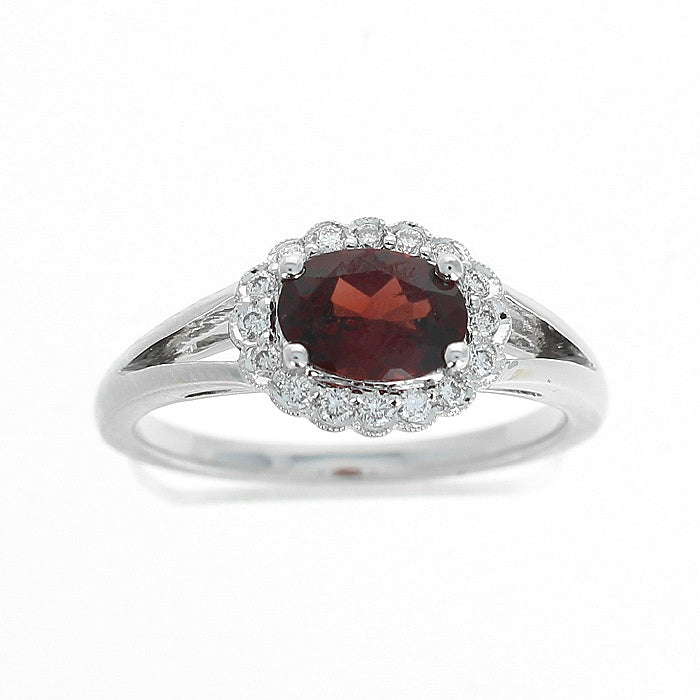 Ladies 14kt White Gold 1.07ct Garnet and 0.16cts Diamond Ring