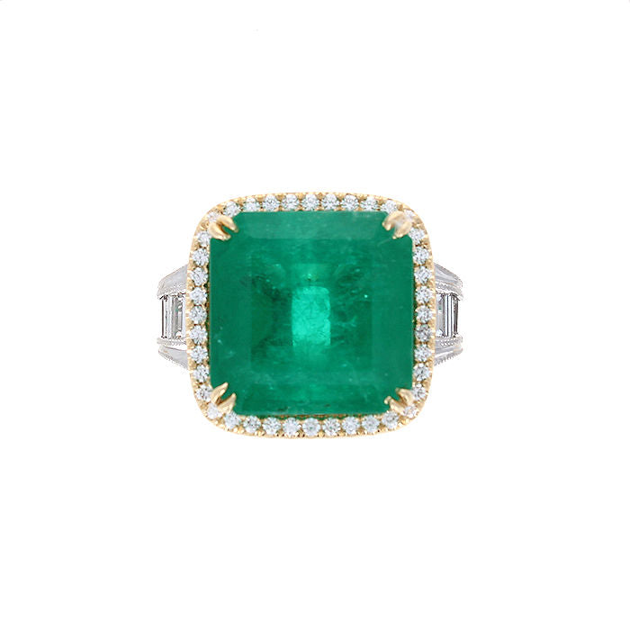 Ladies Two Tone 16.50ct Emerald and 1.40cts Diamond Ring