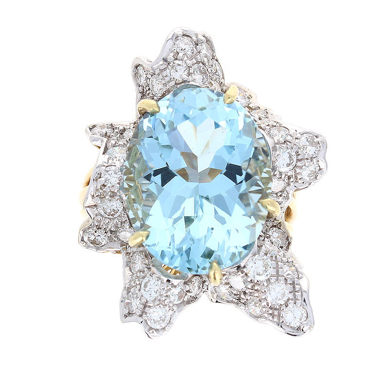 Ladies 18kt Yellow Gold 12.39ct Aquamarine and 1.79cts Diamond Ring