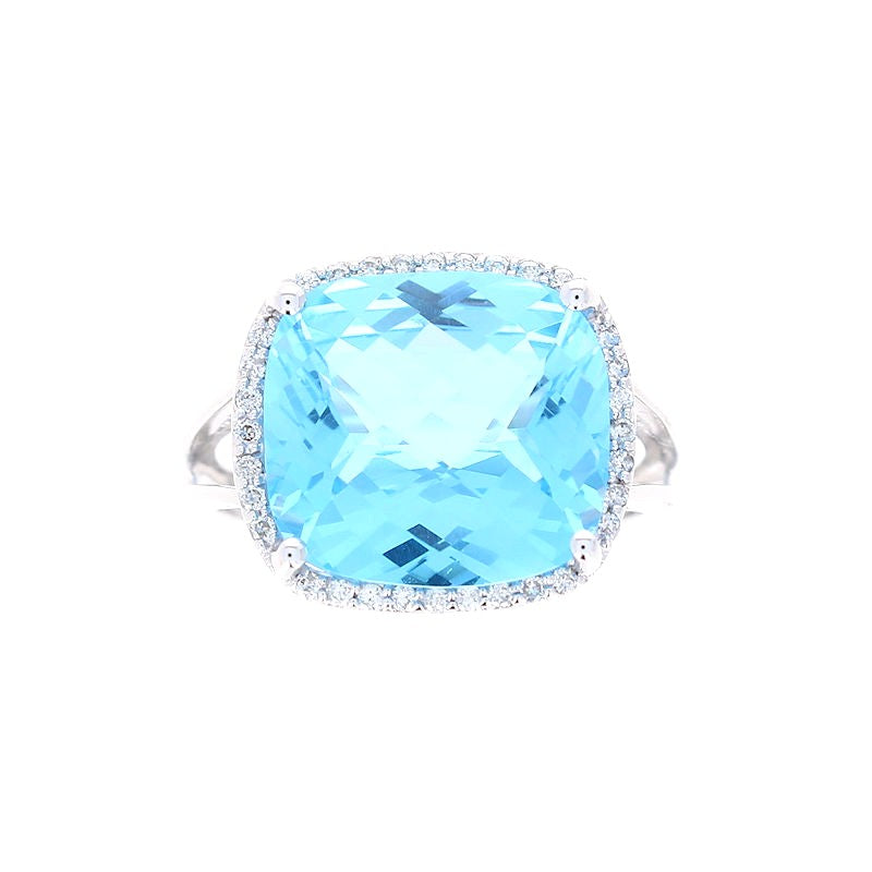 Ladies 14kt White Gold 8.84ct Blue Topaz and 0.16cts Diamond Ring
