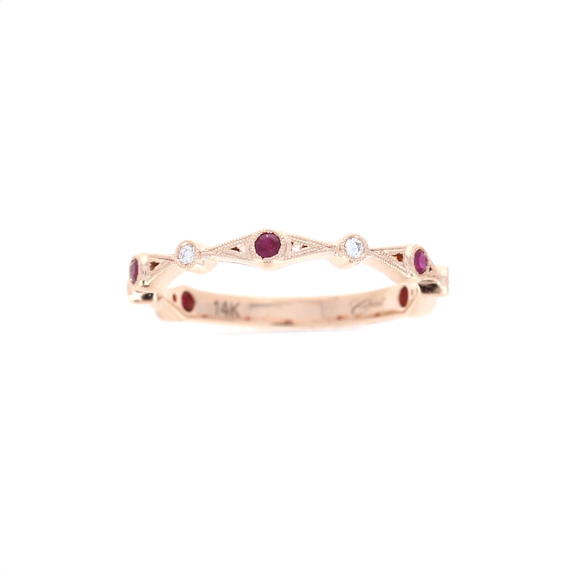 Ladies 14kt Rose Gold 0.15cts Ruby and Diamond Wedding Band