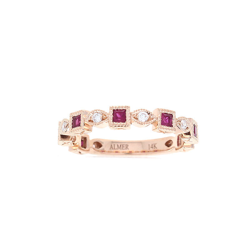 Ladies 14kt Rose Gold 0.12cts Diamond And 0.45cts Ruby Wedding Band