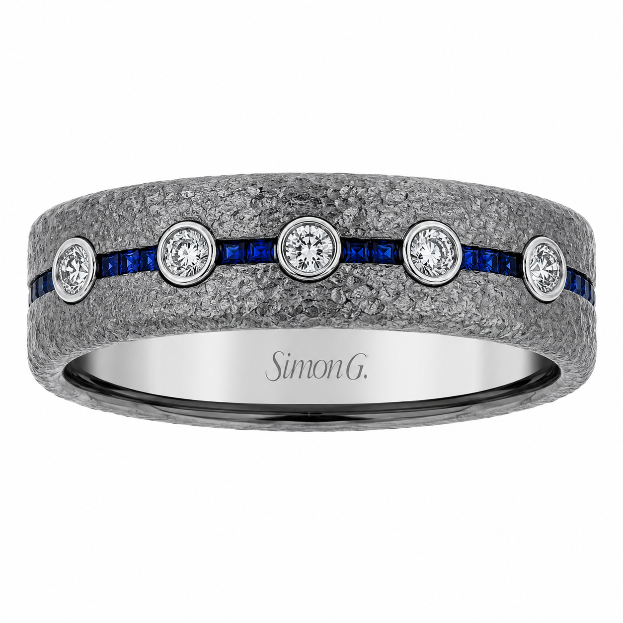 Mens 14kt Gray Gold 0.97cts Diamond and 0.44cts Sapphire Wedding Band By Simon G