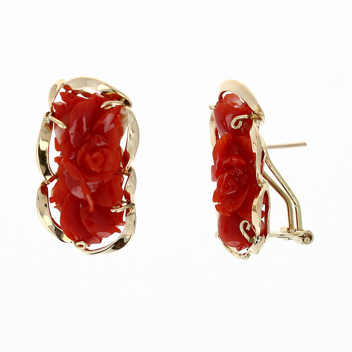 Ladies 14kt Yellow Gold Red Coral Earrings