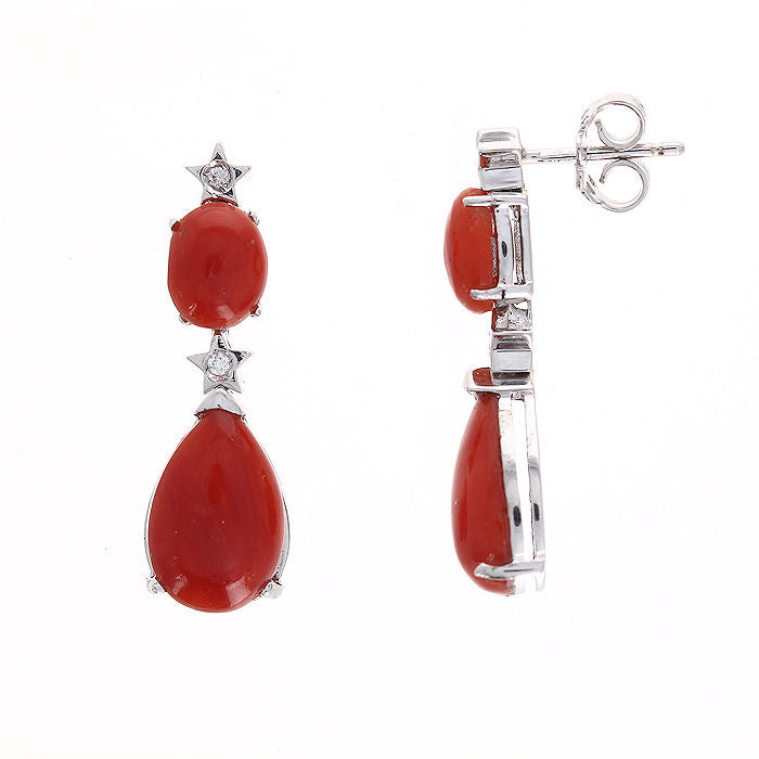 Ladies 18kt White Gold Red Coral and 0.03cts Diamond Earrings