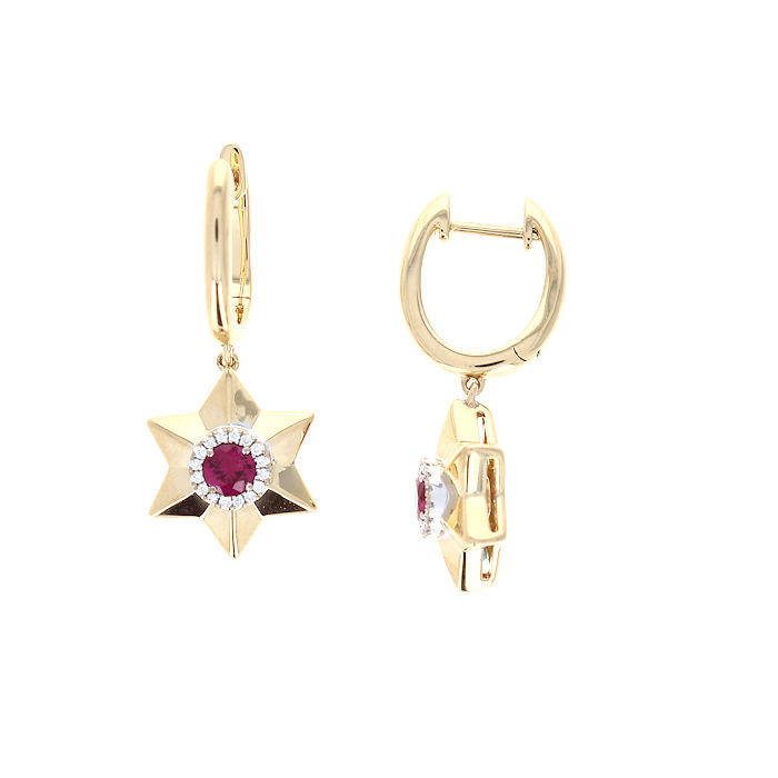 Ladies 18kt Yellow Gold 0.50cts Ruby and 0.08cts Diamond Star Earrings