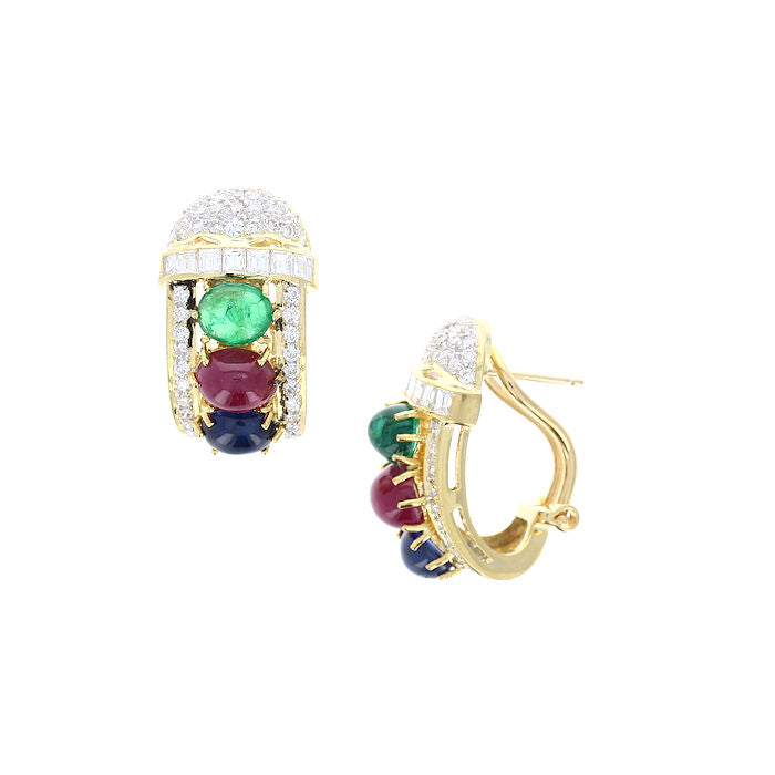 Ladies 18kt Yellow Gold 1.75cts Emerald, 1.75cts Sapphire, 1.75cts Ruby and Diamond Earrings
