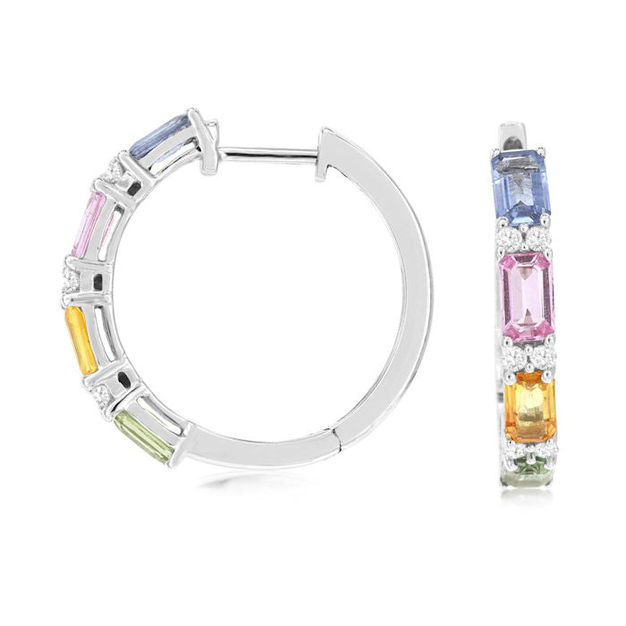 Ladies 14kt White Gold 2.80cts Multi Colored Sapphire and Diamond Hoop Earrings