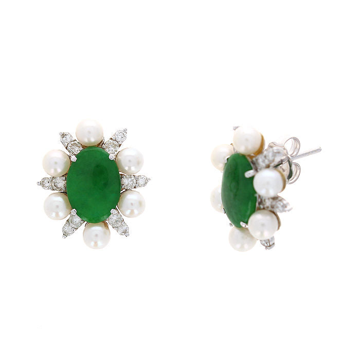 Ladies 14kt White Gold Jade, Pearl, and Diamond Earrings