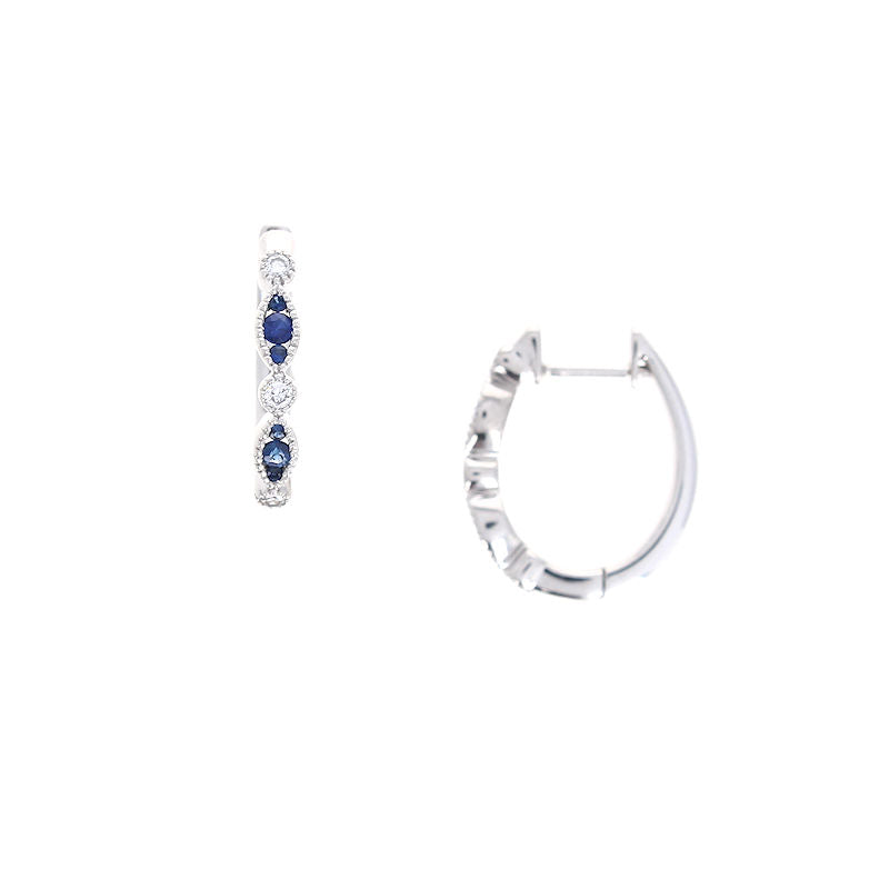 Ladies 14kt White Gold 0.20cts Blue Sapphire and 0.12cts Diamond Hoop Earrings
