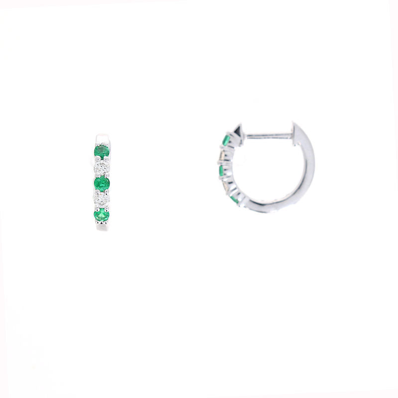 Ladies 14kt White Gold 0.15cts Emerald and 0.10cts Diamond Huggie Earrings