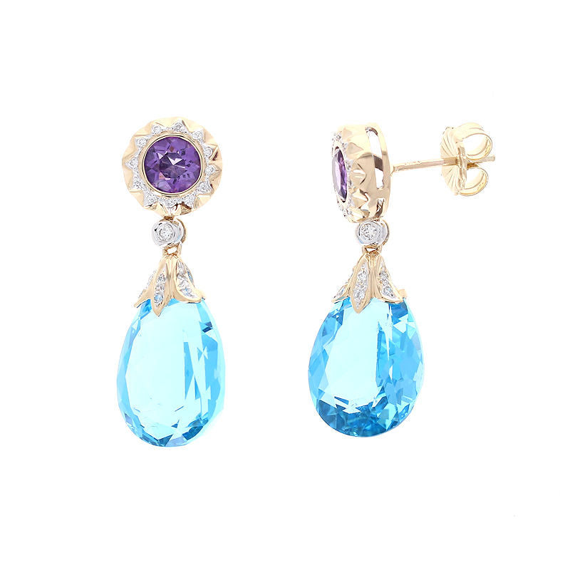 Ladies 14kt Yellow Gold 25.00cts Blue Topaz and 1.17cts Amethyst and Diamond Earrings
