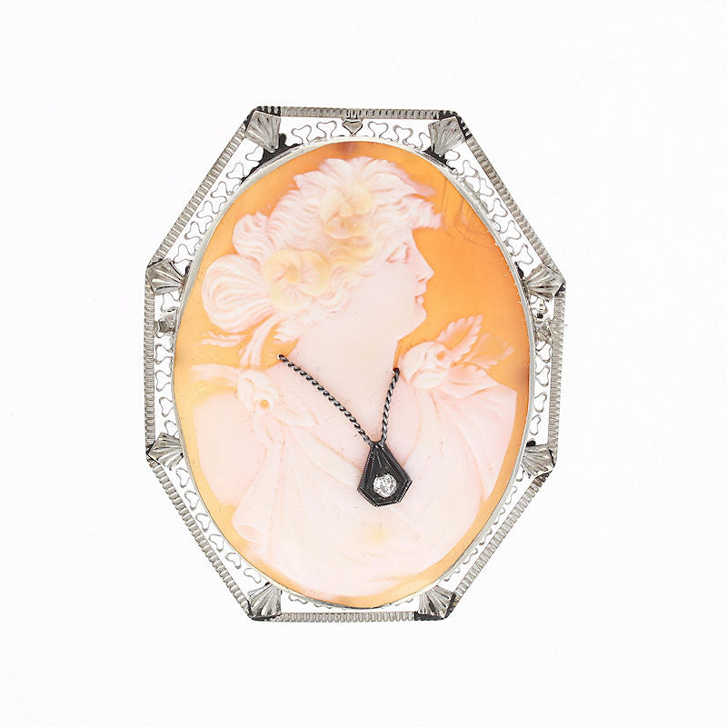 Ladies 10kt White Gold 0.05ct Diamond and Carved Cameo Pendant/Brooch Circa 1915
