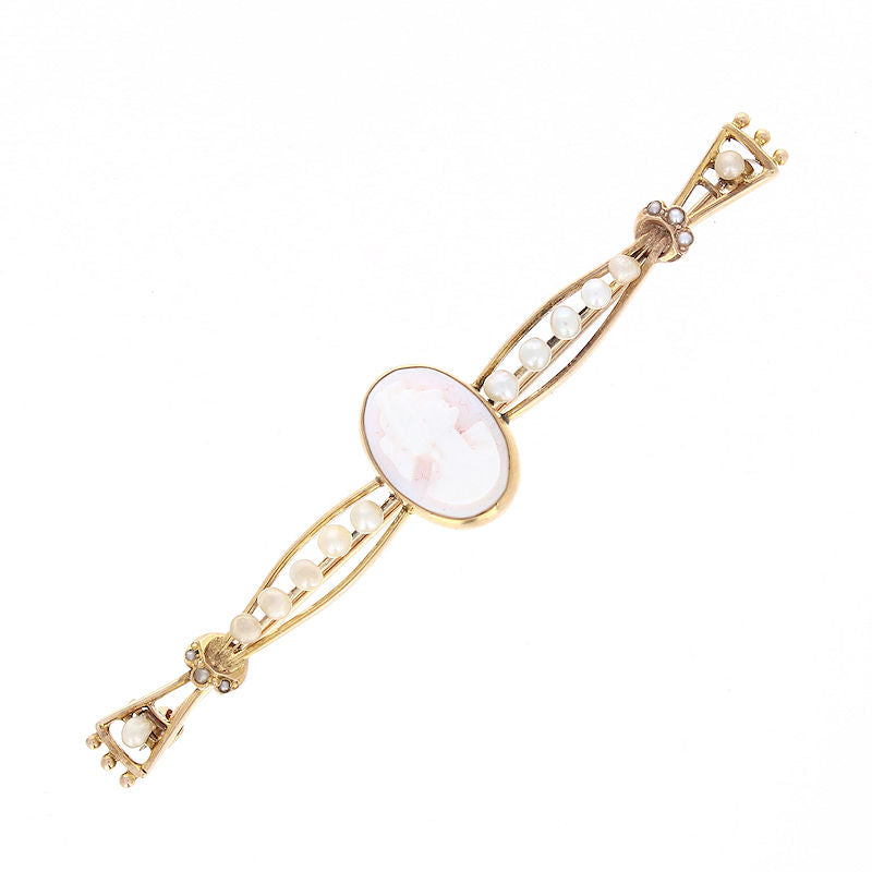 Ladies 14kt Yellow Gold Natural Pearl and Cameo Brooch Circa 1895
