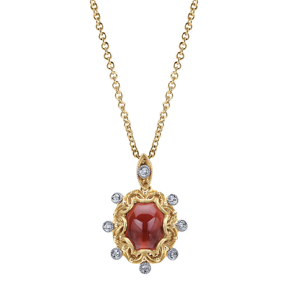 Ladies 14kt Yellow Gold 1.09ct Garnet and 0.04cts Diamond Pendant