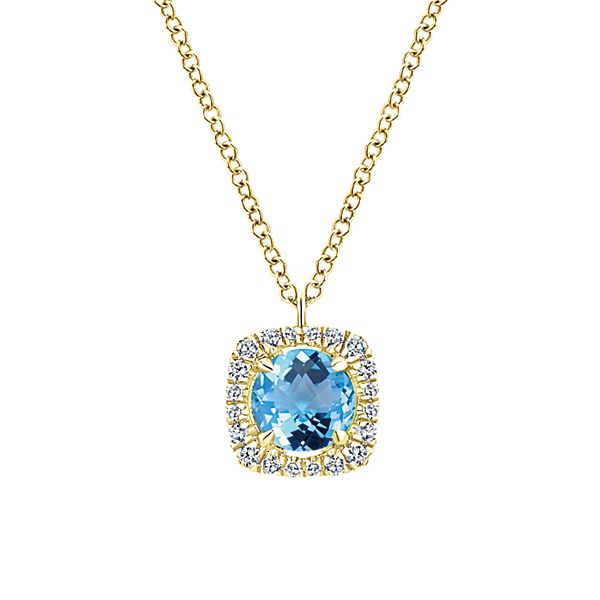 Ladies 14kt Yellow Gold 1.17ct Blue Topaz and 0.15cts Diamond Halo Pendant