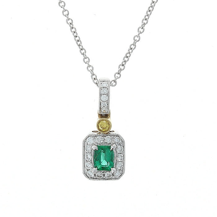Ladies 18kt White and Yellow Gold 0.22ct Emerald and 0.14cts Diamond Pendant
