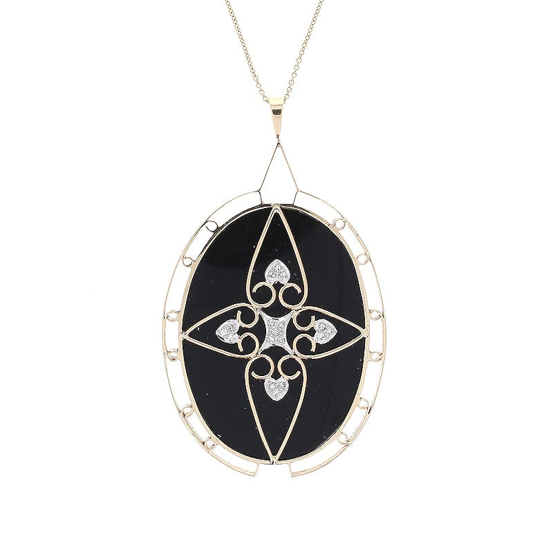 Ladies 14kt Yellow Gold Black Onyx, Diamond and Mosaic Opal Necklace Circa 1950s