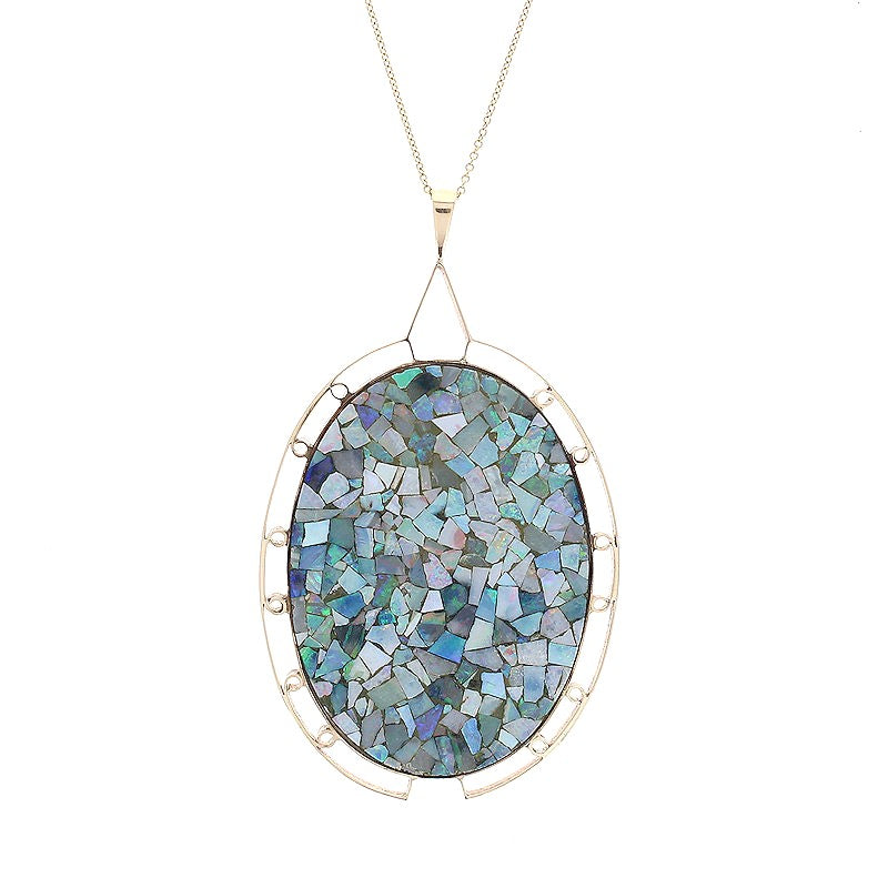Ladies 14kt Yellow Gold Black Onyx, Diamond and Mosaic Opal Necklace Circa 1950s