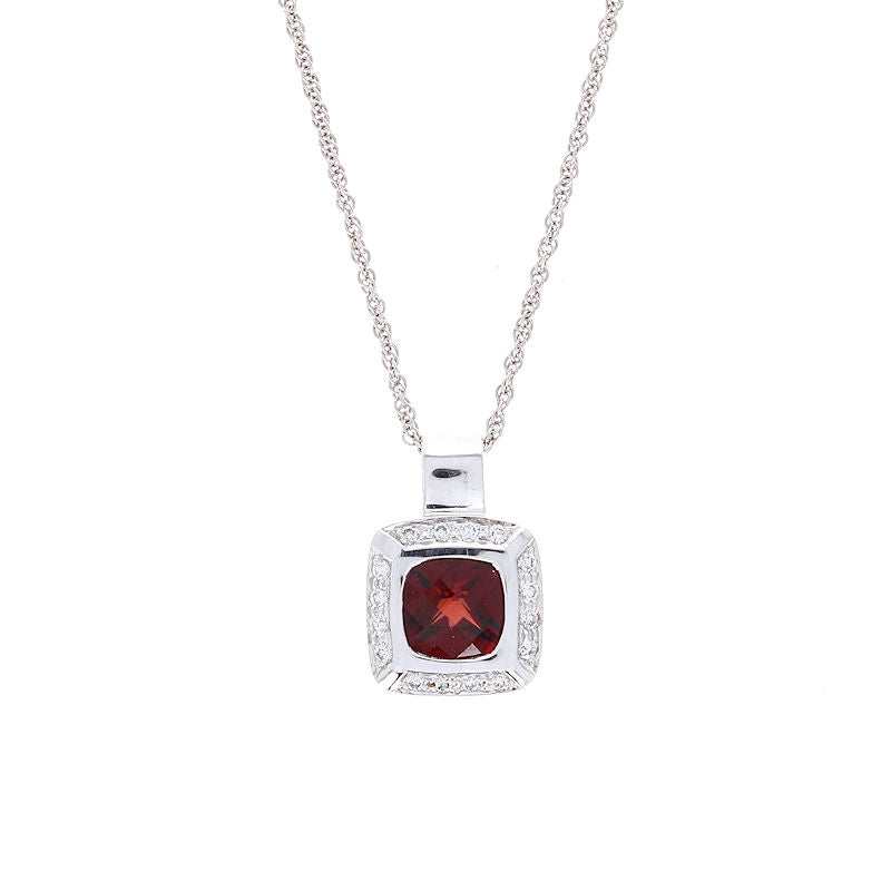 Ladies 14kt White Gold 1.13ct Garnet and 0.13cts Diamond Pendant