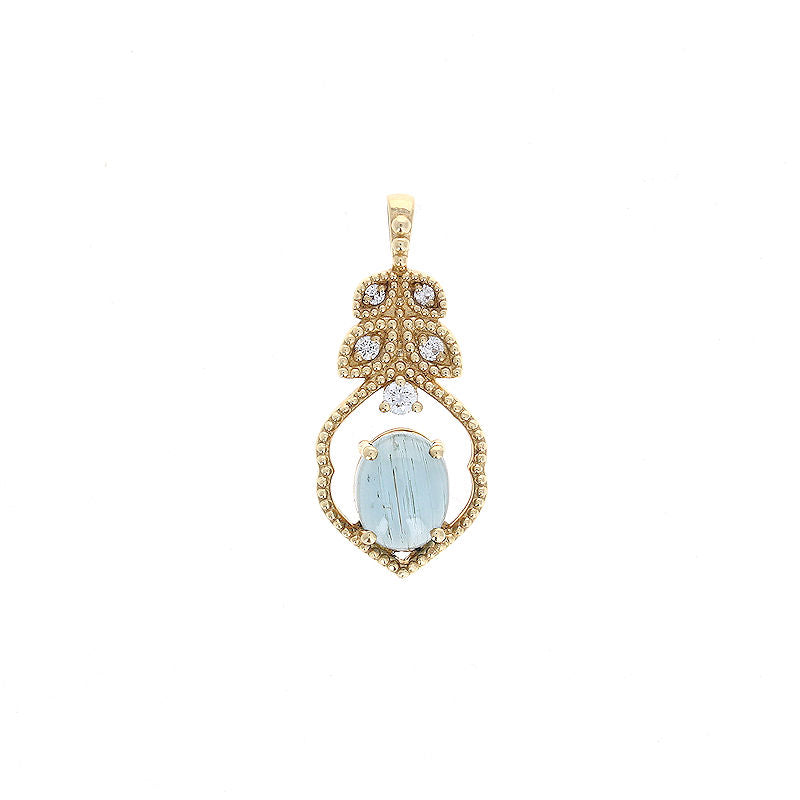 Ladies 14kt Yellow Gold 1.84cts Cabochon Aquamarine and 0.14cts Diamond Pendant