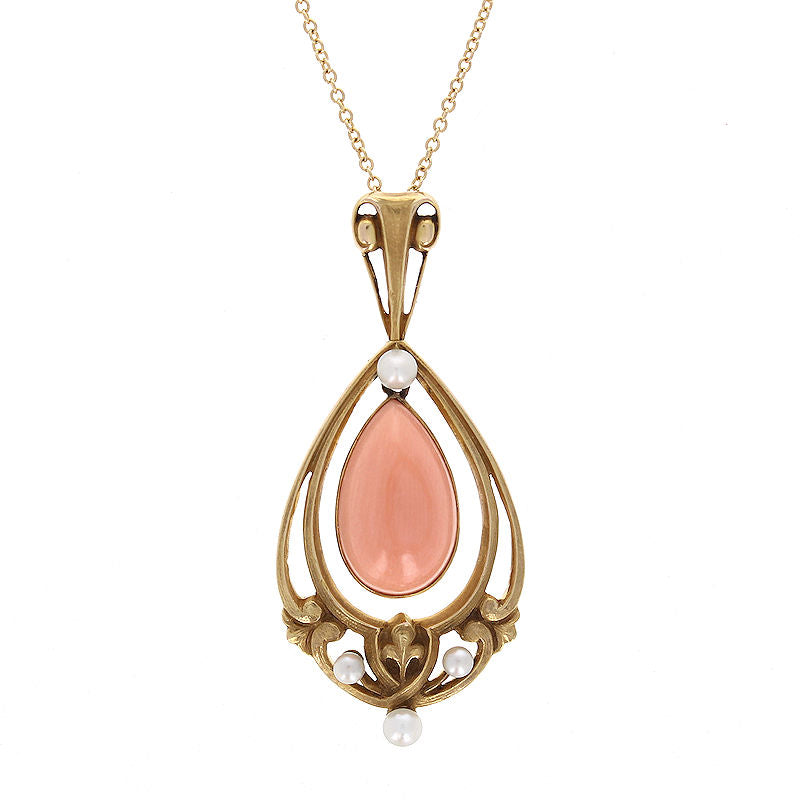 Ladies 14kt Yellow Gold 13x8mm  Coral and 2.15-2.75mm Natural Pearl Pendant Circa 1890