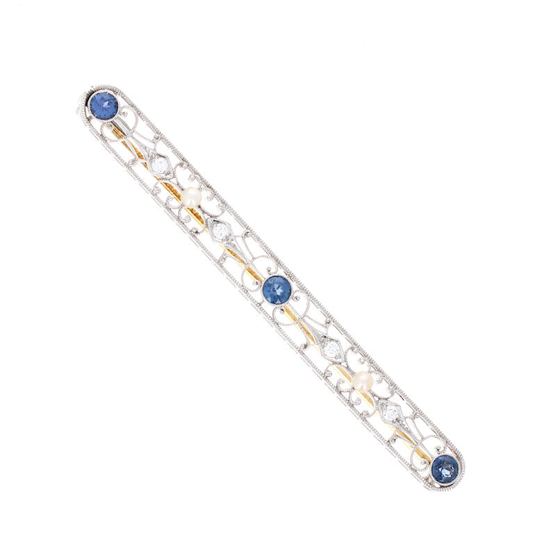 Ladies Platinum Sapphire,Diamond and 2-2.5mm Natural Pearl Bar Pin Circa 1910