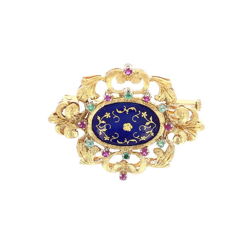 Ladies 18kt Yellow Gold 0.18cts Ruby, 0.32cts Emerald, and Enameled Brooch Circa 1940