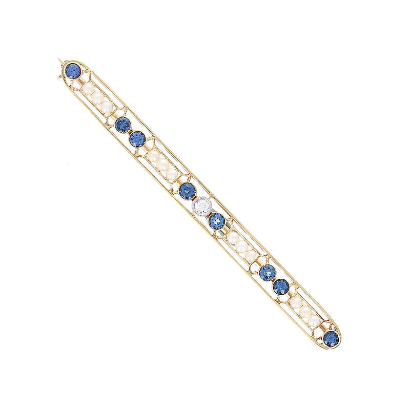 Ladies 14kt Yellow Gold 2mm Natural Pearls, 0.80cts Sapphires and 0.05ct Diamond Brooch Circa 1895